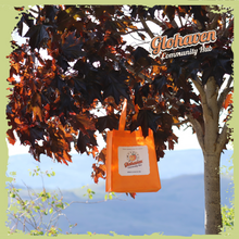 Load image into Gallery viewer, Glohaven Community Hub&#39;s orange, recycled tote bag displayed hanging from a maple tree in the fall
